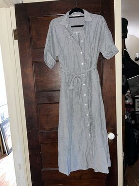 Max Studio Blue and White Striped Maxi Shirt Dress with Waist Tie